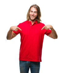 Sticker - Young handsome man with long hair over isolated background looking confident with smile on face, pointing oneself with fingers proud and happy.