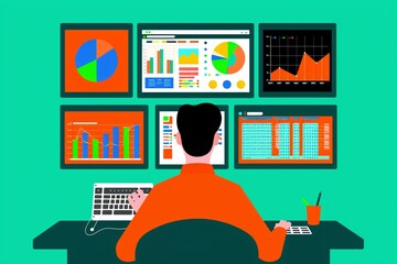 Poster - analyst monitoring multiple screens displaying data charts and graphs. concept of data analysis, fin