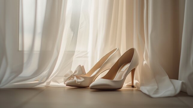 A pair of white shoes with bows on them are sitting on a wooden floor next to a window