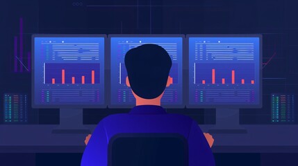 Poster - back view of a person monitoring data analytics on multiple computer screens in a dark room, analyzi