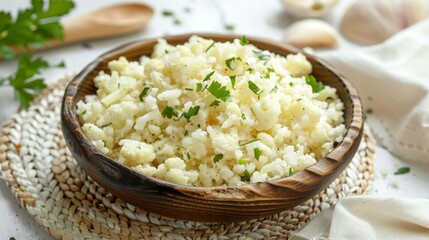 Freshly Prepared Cauliflower Rice with Herbs and Spices on Wooden Table - Healthy Food Concept
