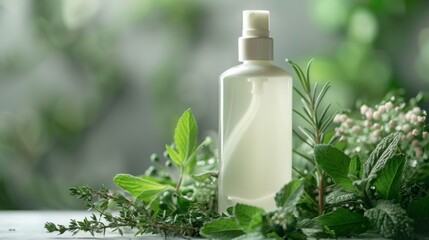 Wall Mural - A clear liquid-filled white spray bottle is surrounded by lush green herbs on a table. The bottle is in focus, with herbs in focus and a blurred background, giving a natural feel.
