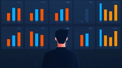 Poster - businessman analyzing data on multiple screens with bar charts, representing financial growth and bu