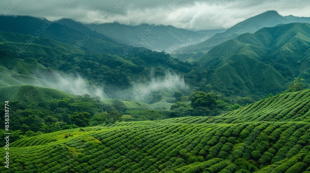 A lush green mountain landscape with misty clouds in the sky Stock ...