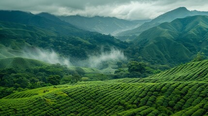 Poster - A lush green mountain landscape with misty clouds in the sky