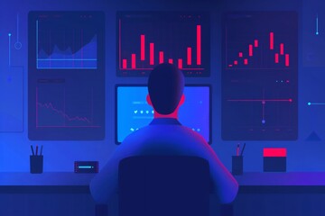 Poster - data analyst monitoring real-time statistics on multiple screens in a dimly lit office with neon glo