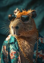 Cool Baby Capybara Rocks Miami Vice Style with Sunglasses and Floral Shirt

