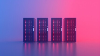 Poster - Four server racks in a modern data center illuminated by blue and pink lights, representing advanced technology and digital infrastructure.