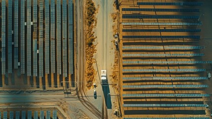 Poster - A view of a solar farm with a truck in the middle