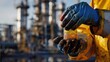 © Omias - A worker's gloved hands holding a sample of crude oil against a refinery backdrop