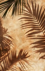 Poster - A leafy palm tree casts a shadow on a tan wall