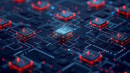 Poster - Futuristic circuit board with glowing microchips, representing advanced technology, artificial intelligence, and data processing.