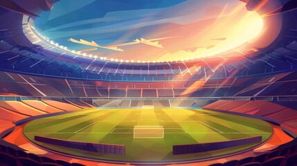 Wall Mural - A soccer field with a bright green grass. Football stadium arena for professional match with spotlight