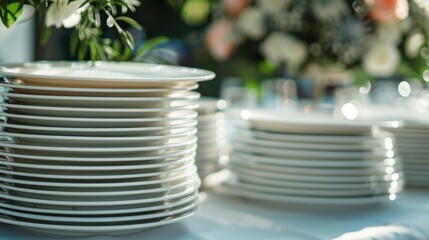 Poster - Clean white plates stacked neatly for event refreshments