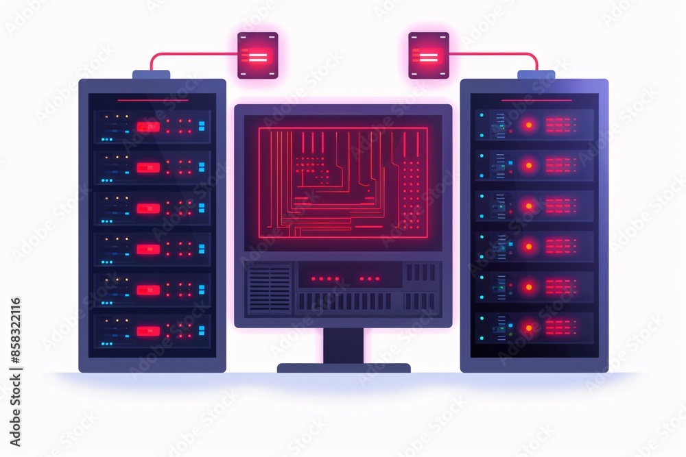 Futuristic illustration of a data center with server racks and a ...