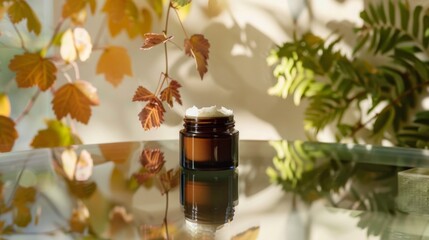 Aufkleber - A glass jar of cream sits on a glass table. Fall leaves are in the background. The cream jar reflects in the surface of the table.