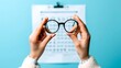 © Irina Ukrainets - Hands holding eyeglasses with eye test chart. Vision test concept. Close-up view. This image features a pair of hands holding round eyeglasses