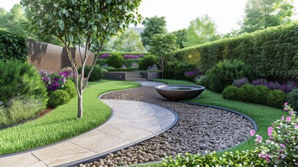 Poster - A garden with a path and a pond