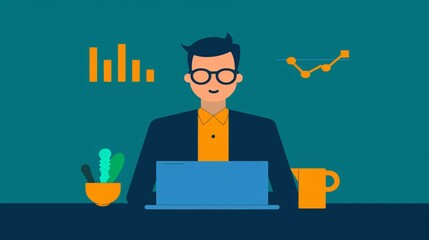 Poster - illustration of a man working on a laptop with charts and graphs in the background, representing dat