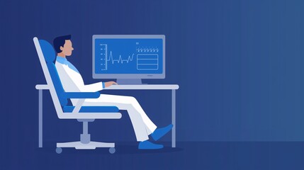 Poster - illustration of a person analyzing data on a computer monitor at a desk in an office setting, with a