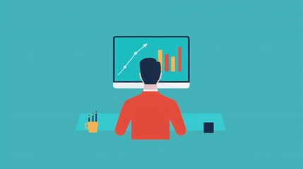 Poster - illustration of a person analyzing data on a computer screen, showcasing graphs and charts, symboliz