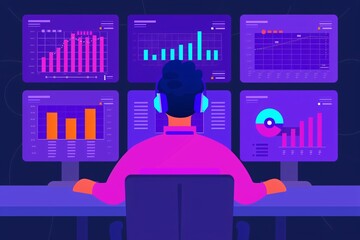 Poster - illustration of a person analyzing data on multiple screens. perfect for representing data analysis,