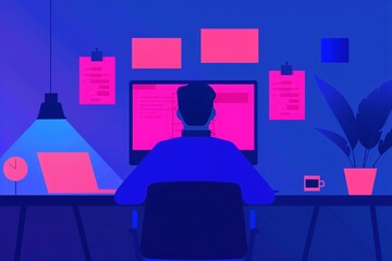 Poster - Illustration of a person working at a computer desk with screens and notes, representing a modern workspace and productivity.