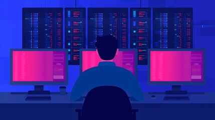 Poster - illustration of a person working at a computer desk with multiple screens, analyzing data in a secur