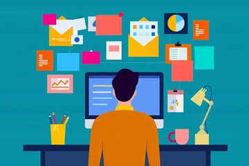 Poster - Illustration of a person working at a desk with a computer, surrounded by organized documents and charts on the wall.