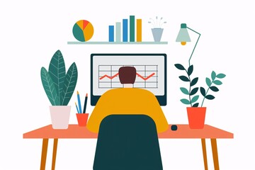 Poster - Illustration of a person working at a desk with a computer, chart, and plants, representing productivity and modern workspace.