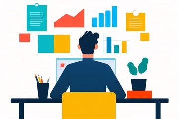 Poster - illustration of a person working at a desk with data charts and graphs on the wall, representing bus