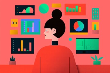 Poster - illustration of a woman analyzing colorful graphs and charts on multiple screens, representing data 