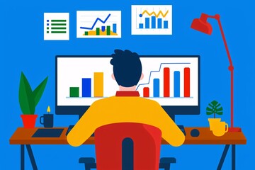 Poster - illustration of an analyst working on a computer with charts and graphs, showcasing data analysis an