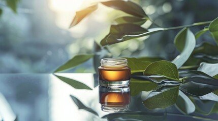 Poster - A glass jar of oil sits on a reflective surface with green leaves around it. The oil is a golden brown color and the leaves are lush and vibrant.