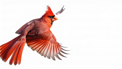 Fluffy Male Northern Cardinal - Cardinalis cardinalis - in flight flying with wings extended showing bright red crimson feathers with head crest. Isolated on white or light color background