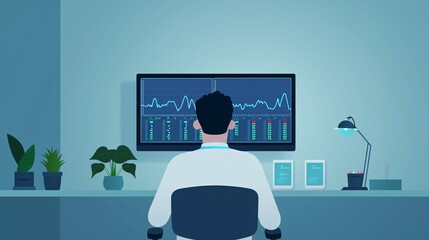Poster - man analyzes data on computer monitor, sitting in modern office with plants and electronics, symboli