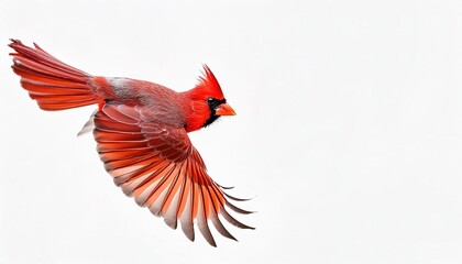 Wall Mural - fluffy male northern cardinal - cardinalis cardinalis - in flight flying with wings extended showing