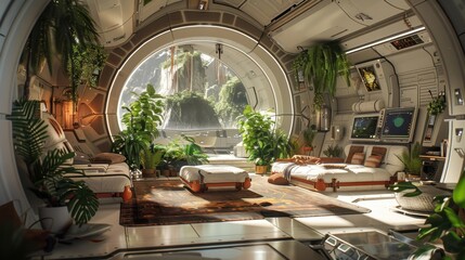 Interior of a futuristic space habitat module with lush green plants, photorealistic, spacious and comfortable living quarters, emphasizing human adaptation to space. 