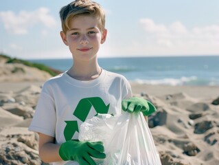 Wall Mural - A young boy wearing tshirt with green recycling logo on it, wearing gloves holding trash bag and posing for photo at beach