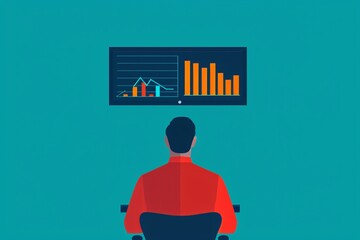 Poster - person in a red shirt viewing data analytics on a screen with bar charts and line graphs, representi