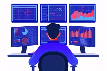Poster - person monitoring data on multiple screens. analytical workstation showing graphs and charts. data a