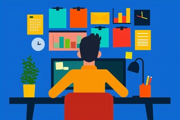Poster - Person working at a desk with a computer and colorful charts on the wall, representing a busy, organized workspace in a modern office setting.