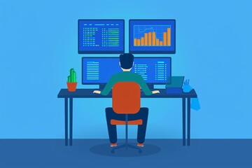 Poster - person working at desk with multiple monitors displaying data and graphs. business analytics and tec