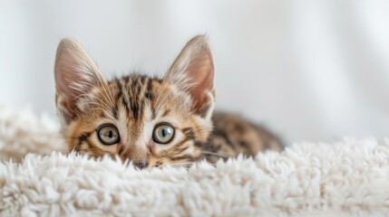 Wall Mural - Spotted Bengal Kitten with Green Eyes and Fluffy cat with Space for Text