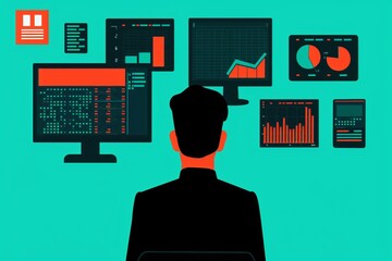 Poster - silhouette of a person analyzing data on multiple screens with various graphs and charts, showcasing
