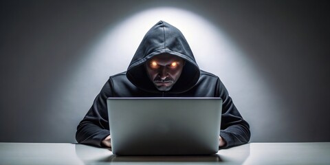 Canvas Print - Mysterious Hacker with Glowing Eyes - A hooded figure with glowing eyes stares intensely at a laptop, suggesting a clandestine operation.