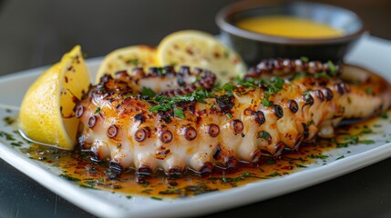 Wall Mural - Close-up of a perfectly grilled octopus tentacle, garnished with lemon wedges and sprinkled with fresh herbs, served on a white plate with ample copy space. 