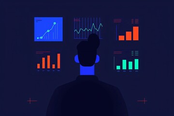 Poster - silhouette of a person analyzing various data charts and graphs on a dark background in a modern, te