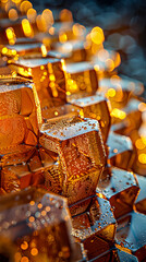 Wall Mural - Golden wet cubes stacked with bokeh.