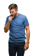 Sticker - Young handsome man over isolated background feeling unwell and coughing as symptom for cold or bronchitis. Healthcare concept.